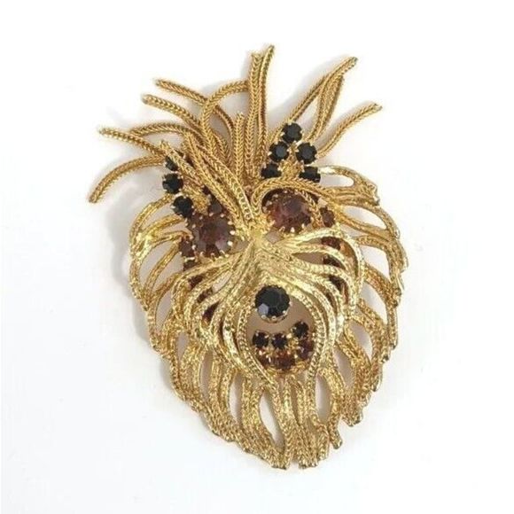 Shaggy Dog Head Shaped Gold Toned Rhinestone Brooch - 1960s - Picture 1 of 9